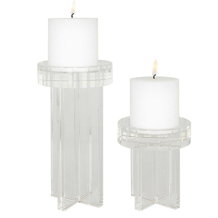 CRYSTAL PILLAR CANDLEHOLDERS, S/2