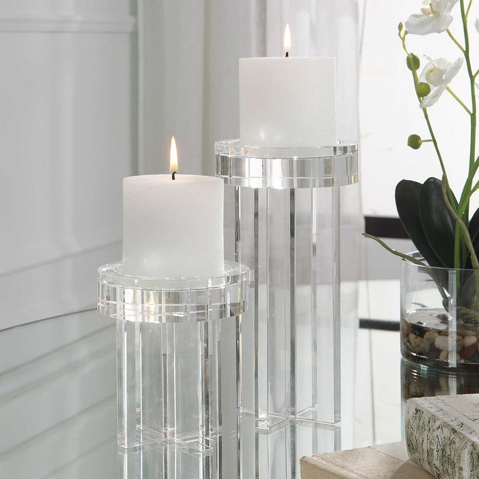 CRYSTAL PILLAR CANDLEHOLDERS, S/2