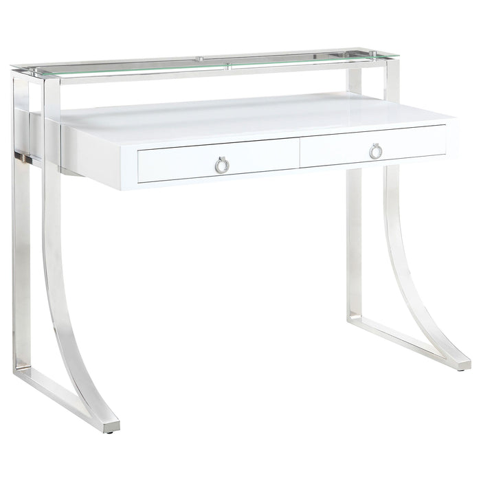 Gemma 2-drawer Writing Desk Glossy White and Chrome image