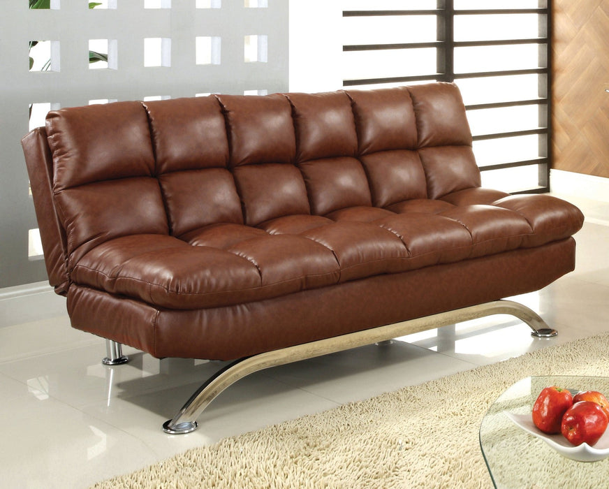 Aristo Saddle Brown/Chrome Leatherette Futon Sofa, Saddle Brown image