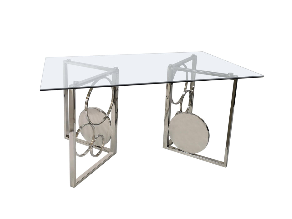 BRUNA Contemporary Glass Top Dining Table w/ Dual Steel Base Set