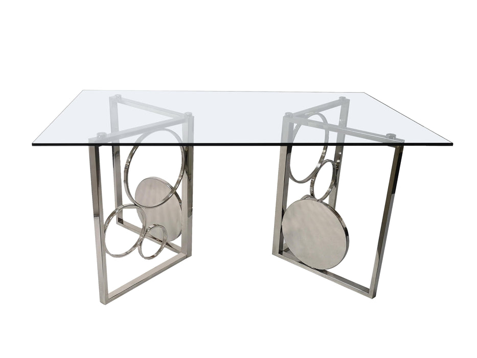 BRUNA Contemporary Glass Top Dining Table w/ Dual Steel Base Set