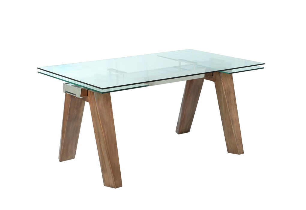 ESTHER Modern Dining Table w/ Extendable Glass Top & Solid Wood Legs