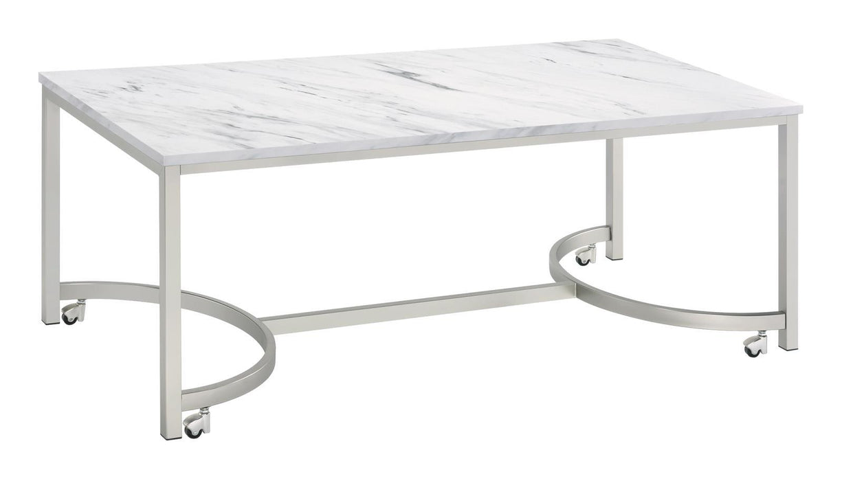 Leona Coffee Table with Casters White and Satin Nickel