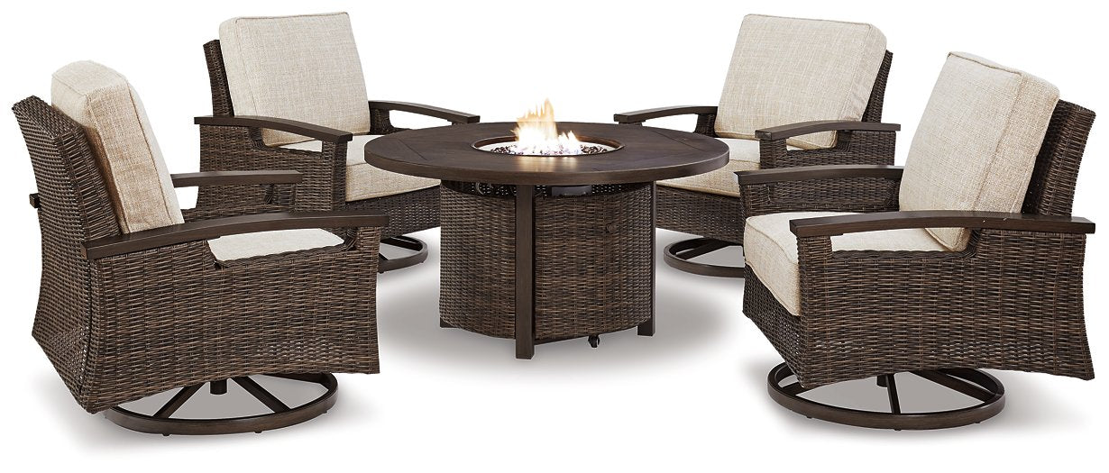 Paradise Trail Paradise Trail Fire Pit Table with 4 Nuvella Swivel Lounge Chairs - Yulissa Home Furnishings (NJ)