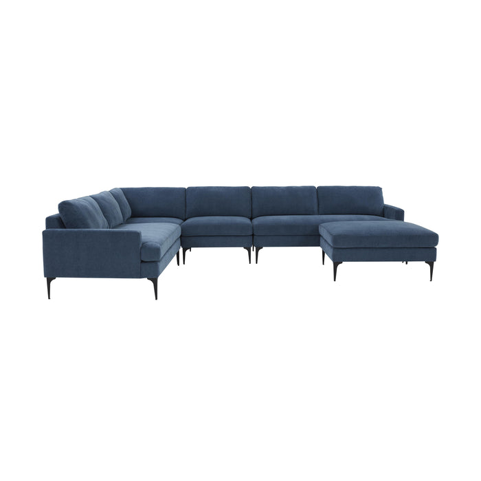 Serena Blue Velvet Large Chaise Sectional with Black Legs