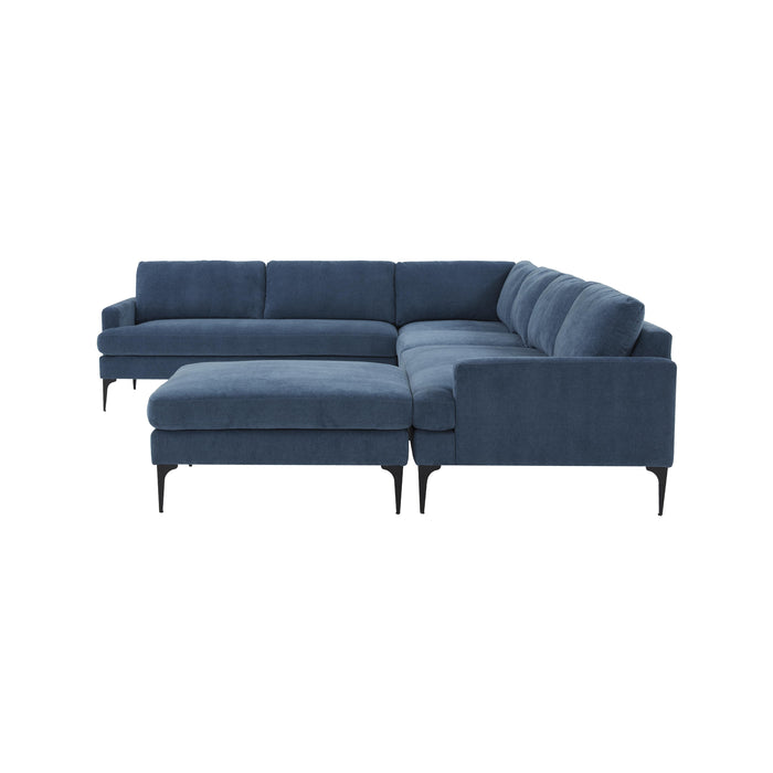 Serena Blue Velvet Large Chaise Sectional with Black Legs