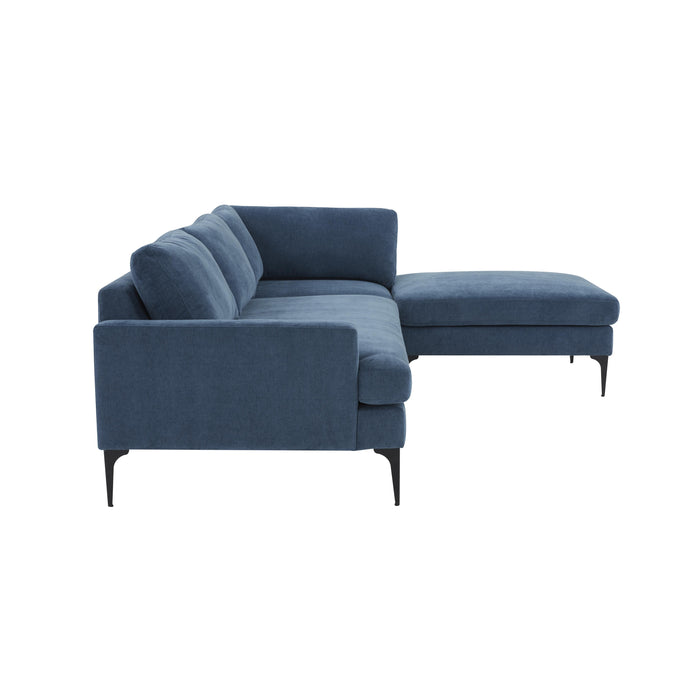 Serena Blue Velvet RAF Chaise Sectional with Black Legs