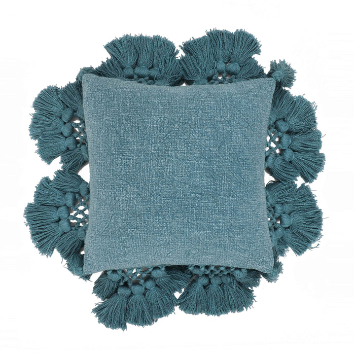 Stone Washed Denim Blue Cotton Tasseled Pillow image