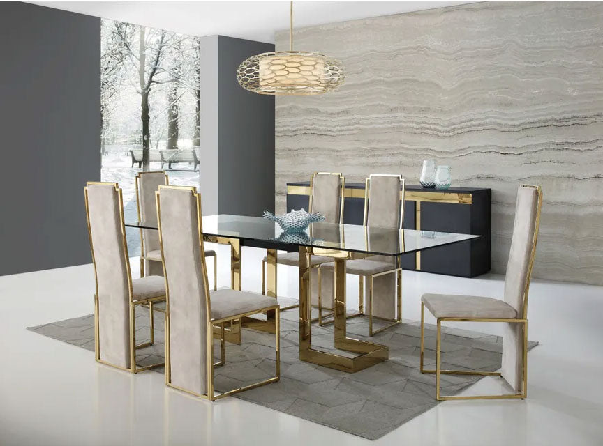 7 piece Kiki Glass and Gold Dining Set SKU: DRS0007